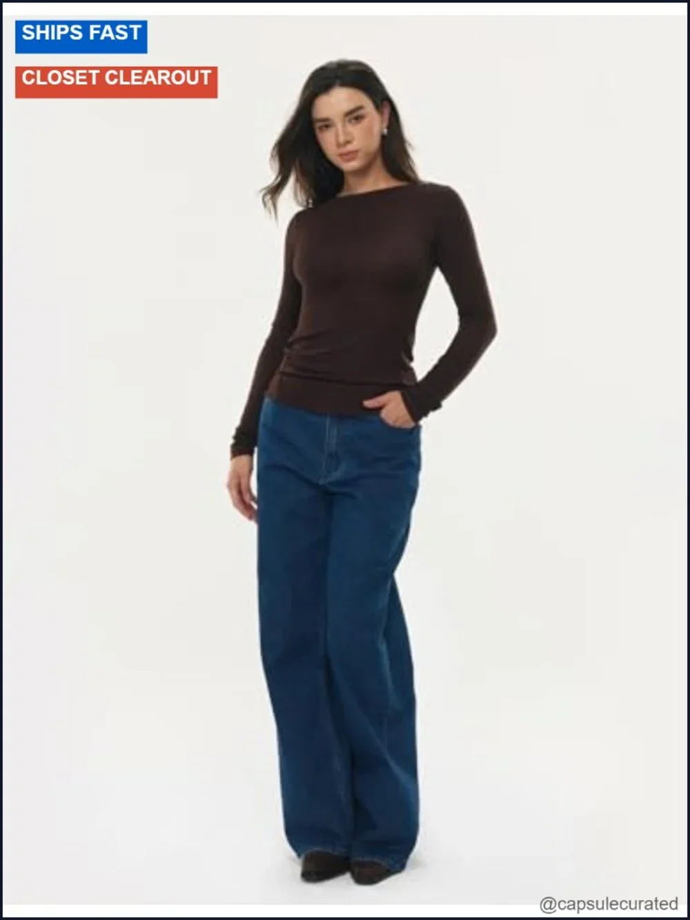 Merino Wool Blend Boat Neck Long Sleeve Fitted Tee